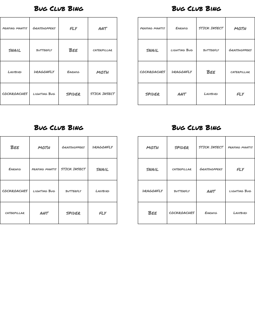 Bug Club Bing  Bingo Cards