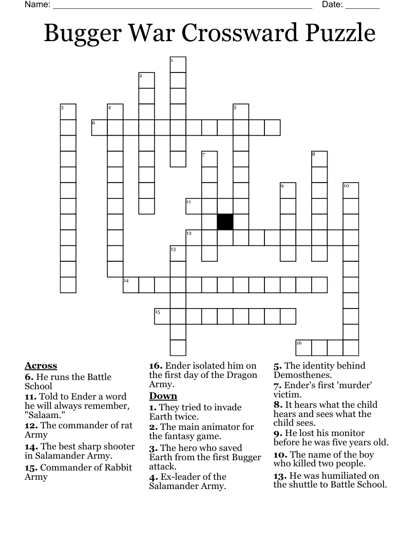 Bugger War Crossward Puzzle Crossword
