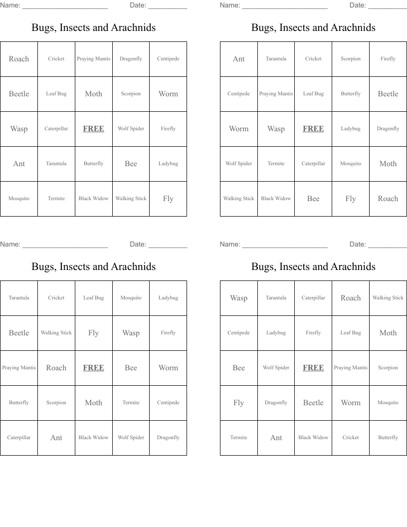 Bugs, Insects and Arachnids Bingo Cards