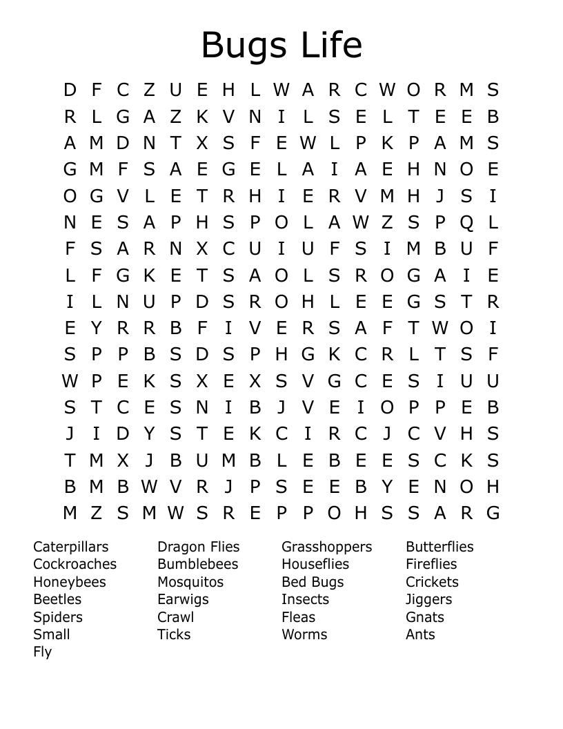 Bugs Life Word Search