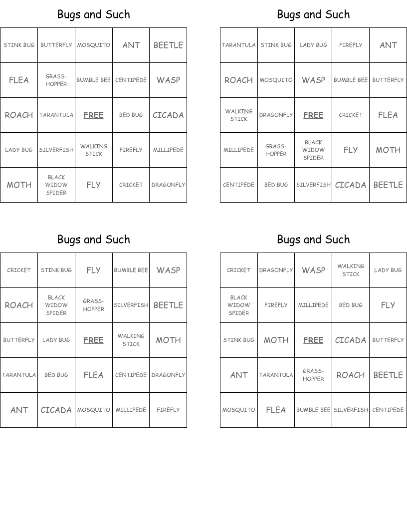 Bugs and Such Bingo Cards