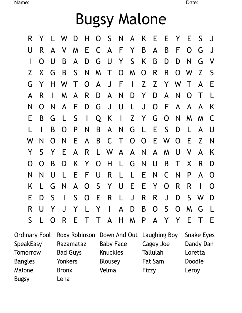 Bugsy Malone Word Search