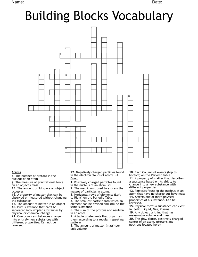 Building Blocks Vocabulary Crossword