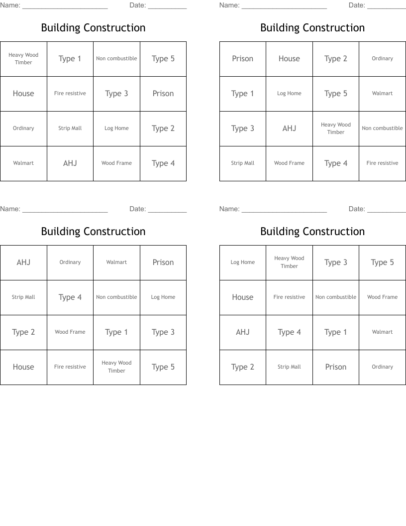 Building Construction Bingo Cards