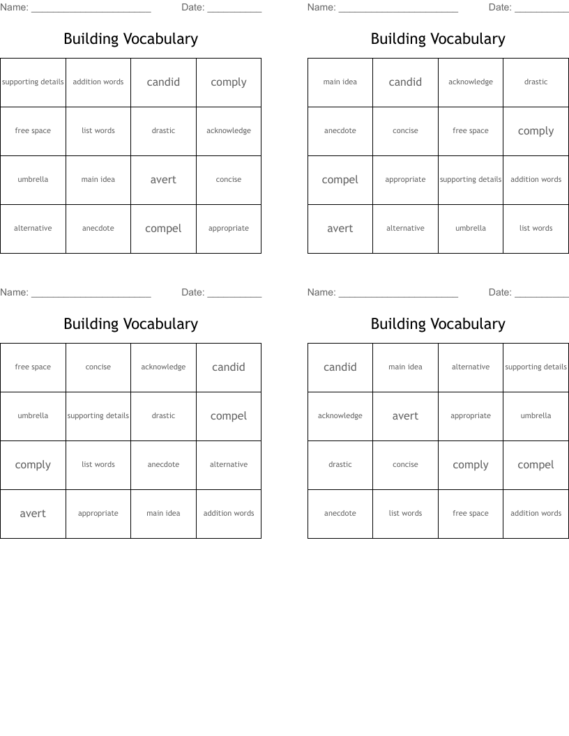 Building Vocabulary Bingo Cards
