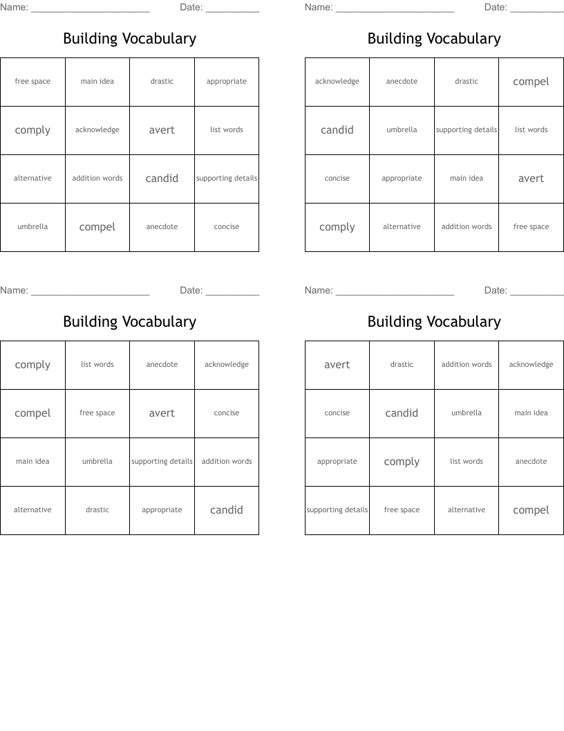 Building Vocabulary Bingo Cards