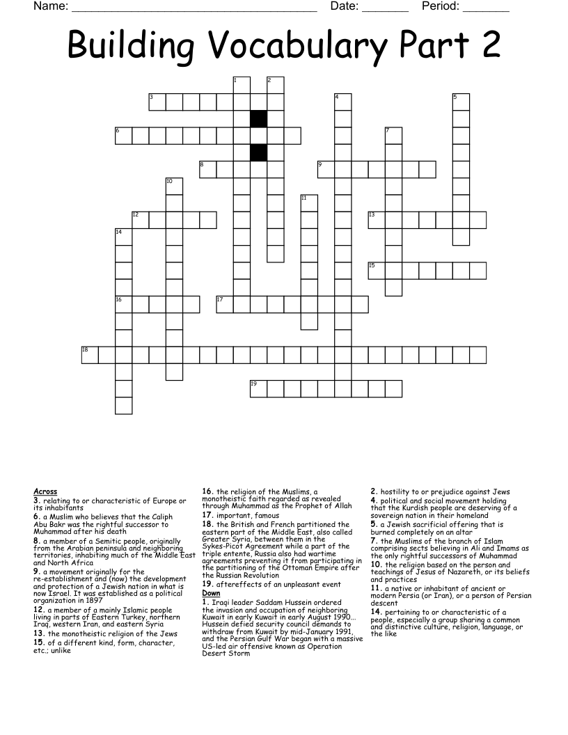 Building Vocabulary Part 2 Crossword