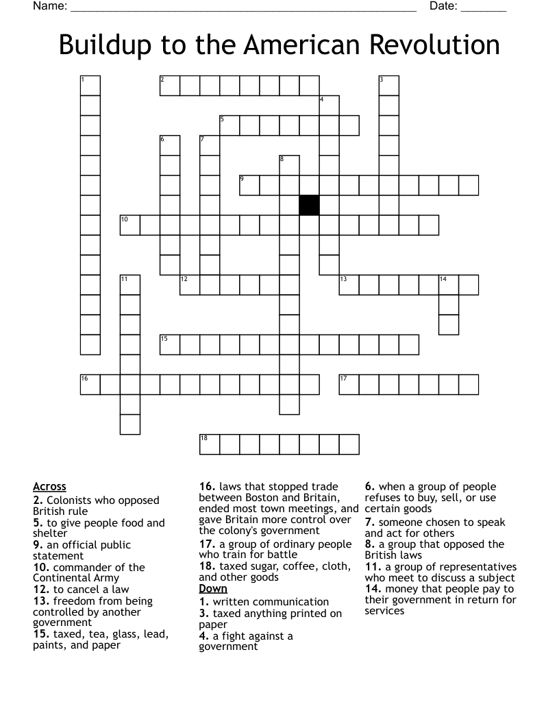 Buildup to the American Revolution Crossword