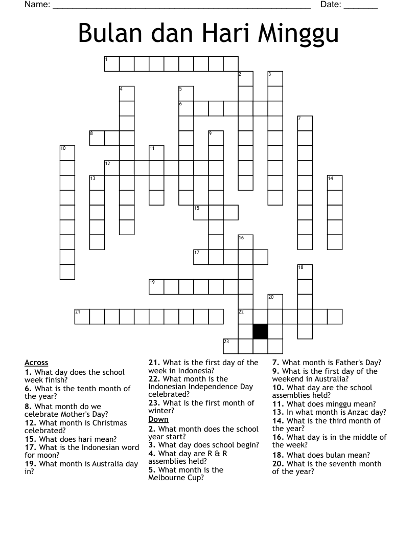 Bulan dan Hari Minggu Crossword