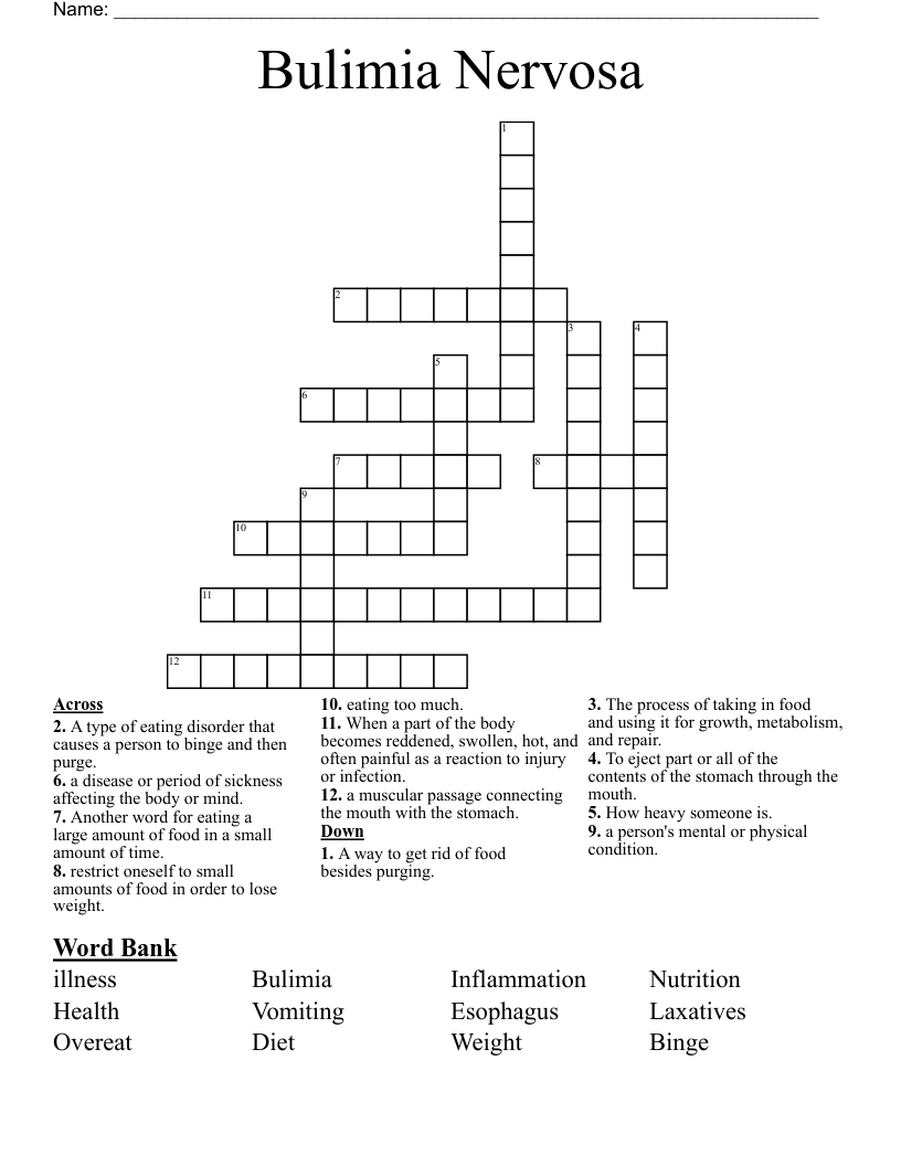 Bulimia Nervosa Crossword