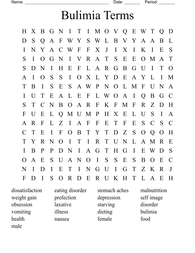 Bulimia Terms Word Search