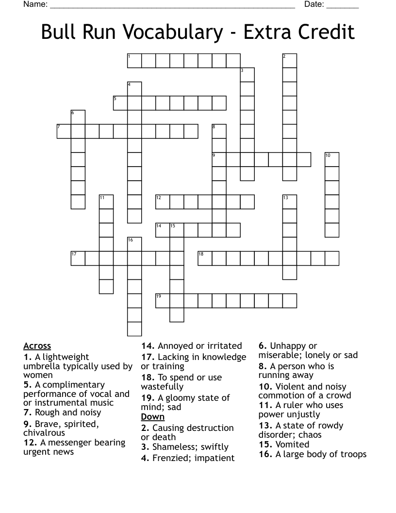 Bull Run Vocabulary - Extra Credit Crossword