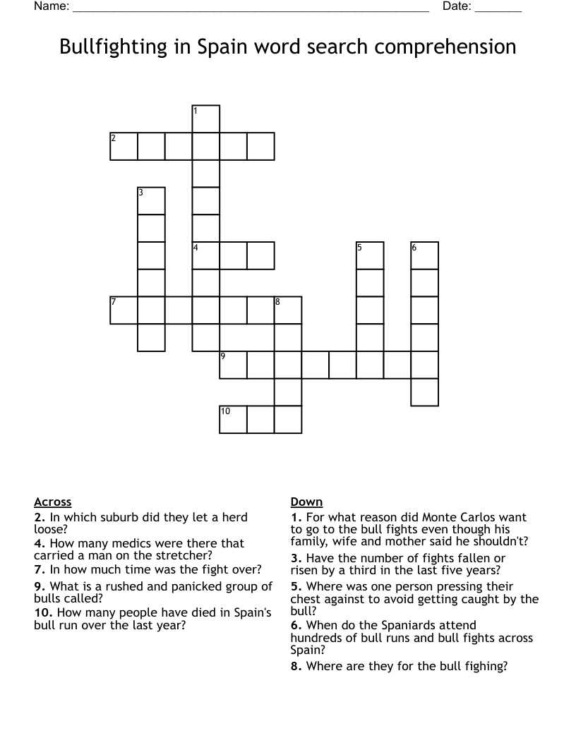 Bullfighting in Spain word search comprehension Crossword