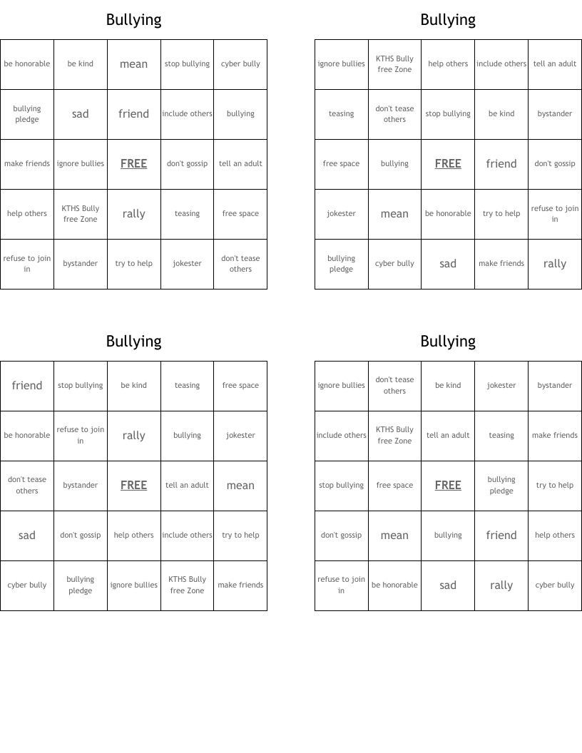Bullying Bingo Cards