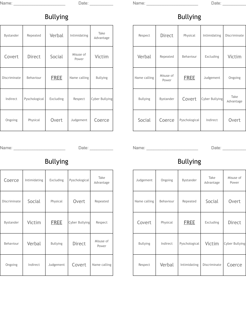 Bullying Bingo Cards