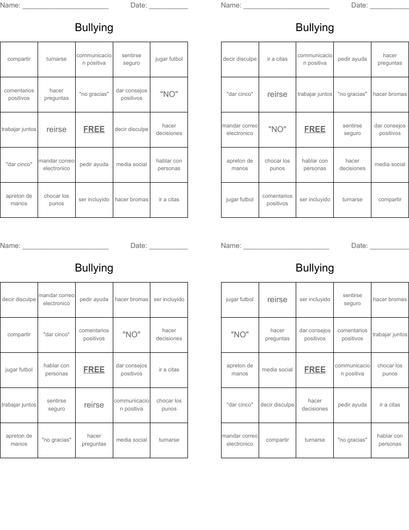 Bullying Bingo Cards