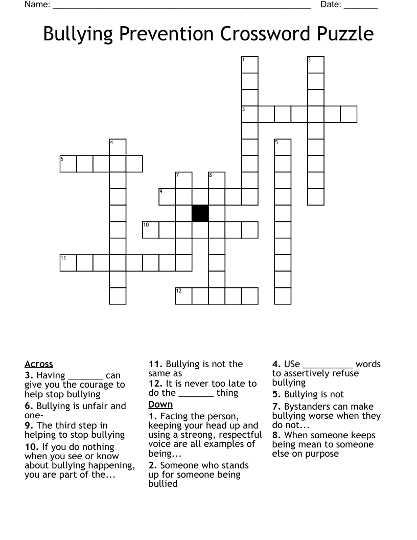 Bullying Prevention Crossword Puzzle