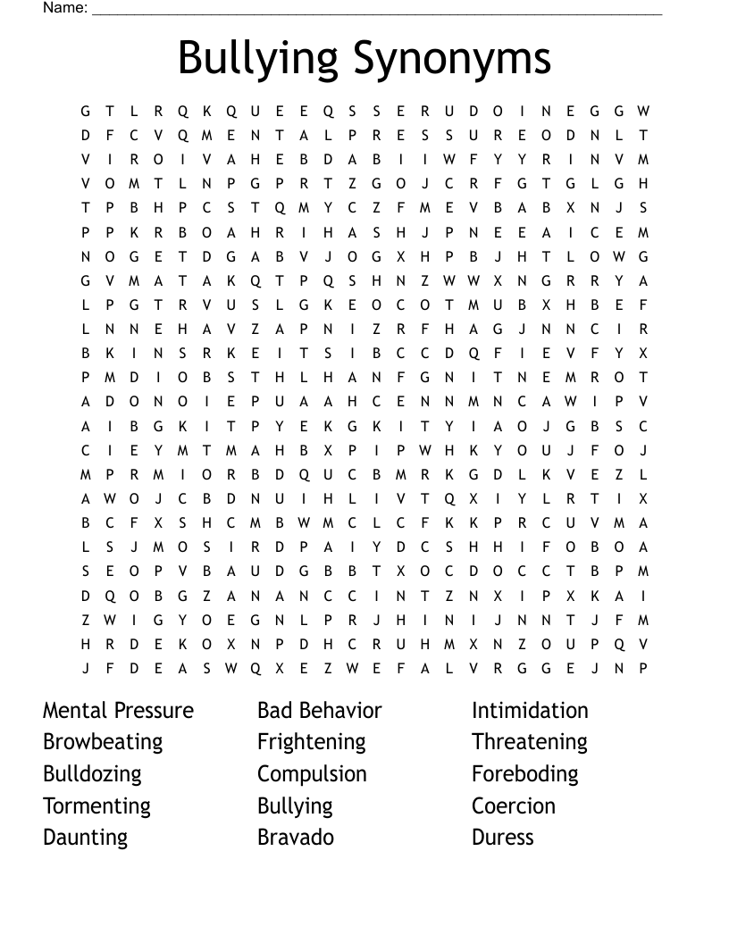 Bullying Synonyms Word Search