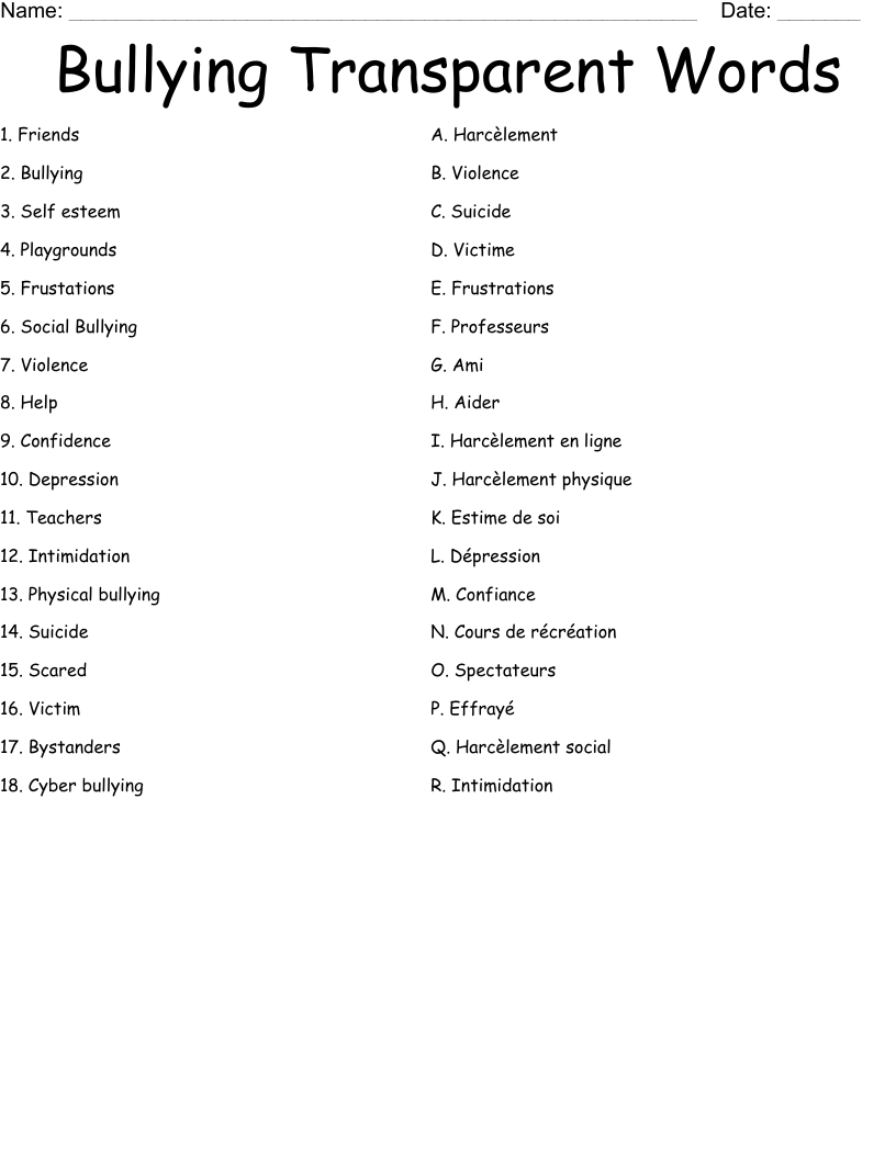 Bullying Transparent Words  Worksheet