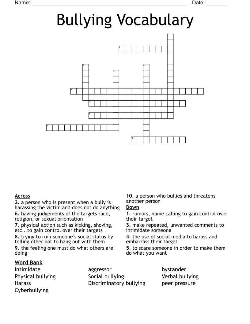 Bullying Vocabulary Crossword