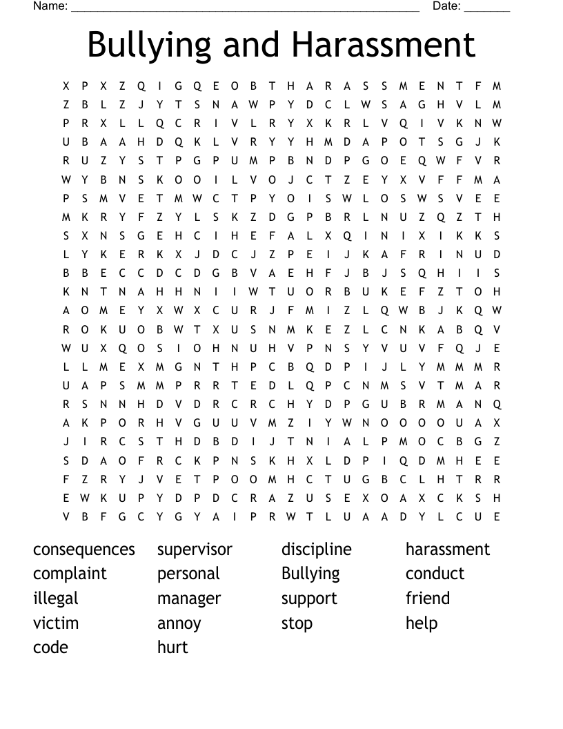 Bullying and Harassment Word Search