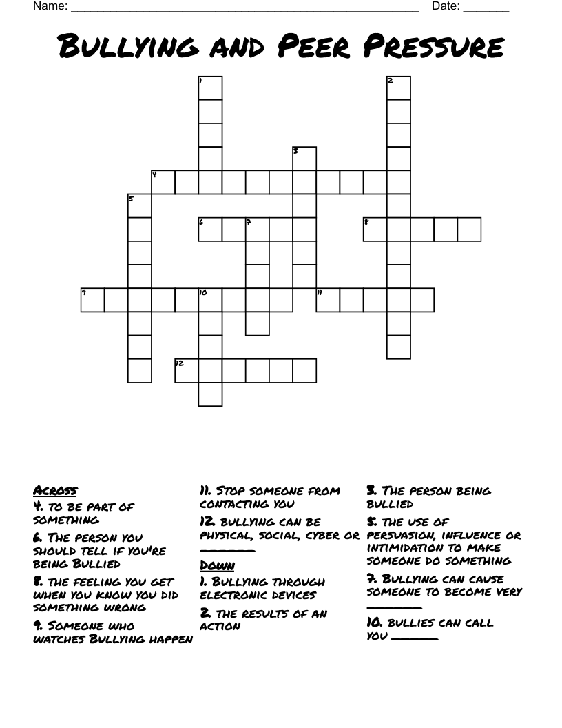 Bullying and Peer Pressure Crossword