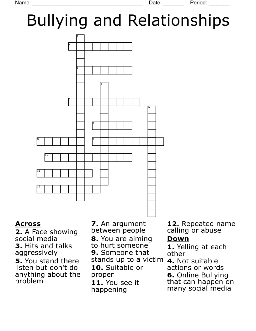 Bullying and Relationships Crossword