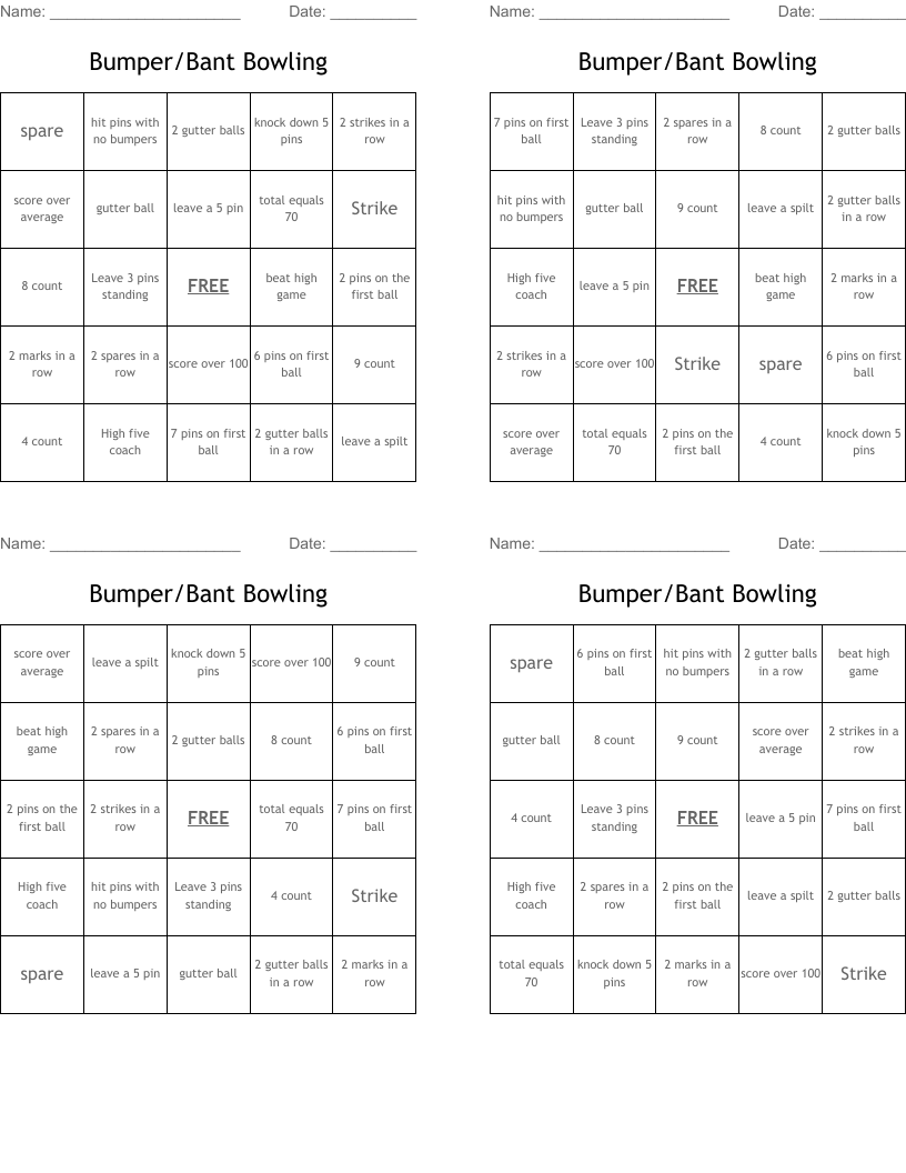 Bumper/Bant Bowling Bingo Cards
