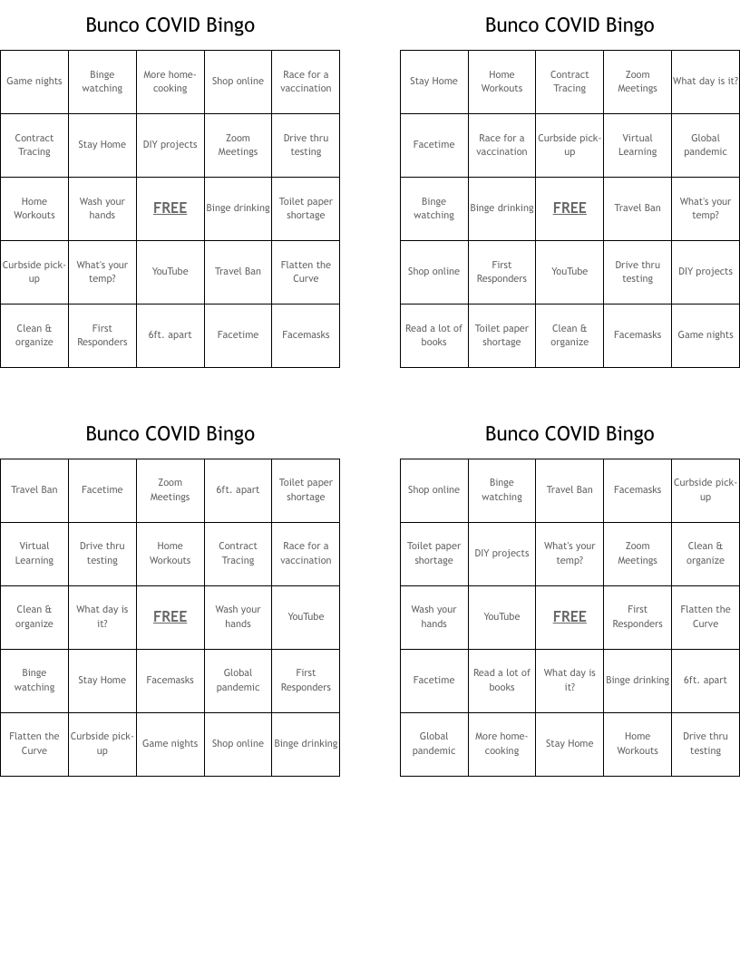 Bunco COVID Bingo