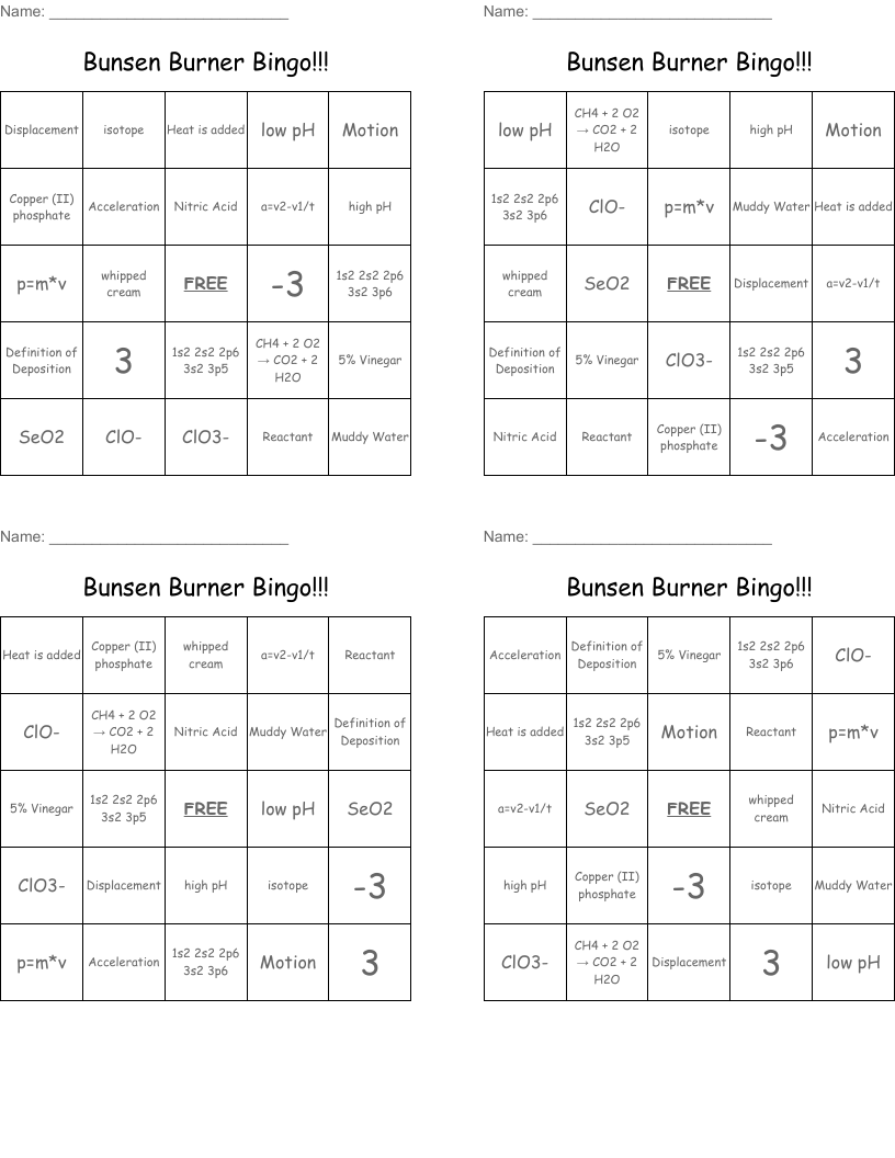 Bunsen Burner Bingo!!!