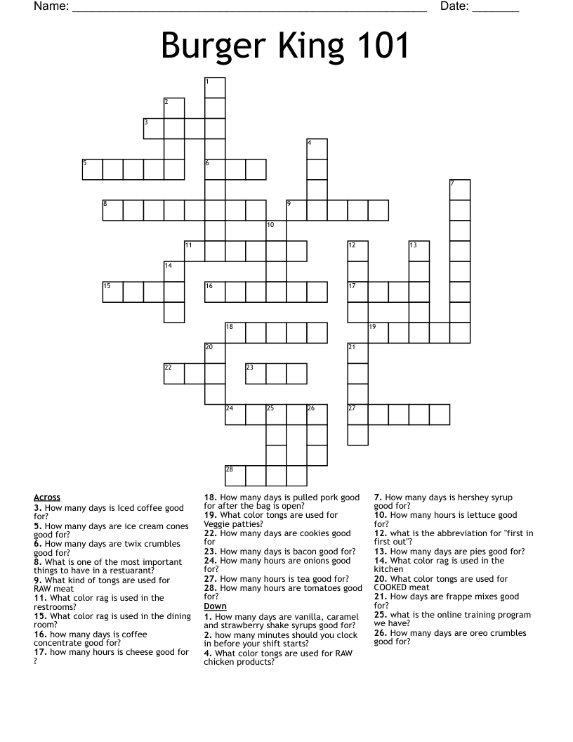 Burger King 101 Crossword