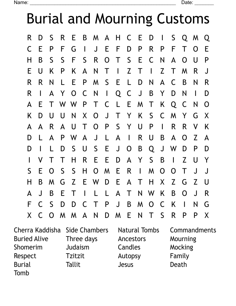 Burial and Mourning Customs  Word Search