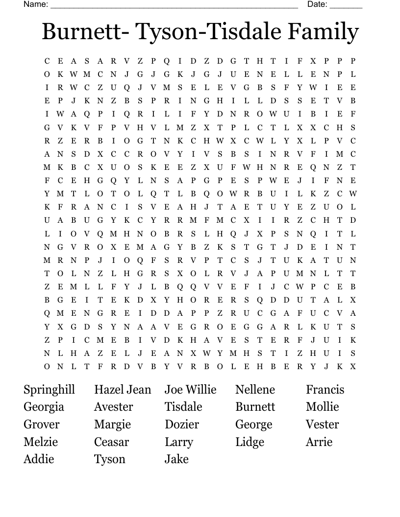 Burnett- Tyson-Tisdale Family Word Search