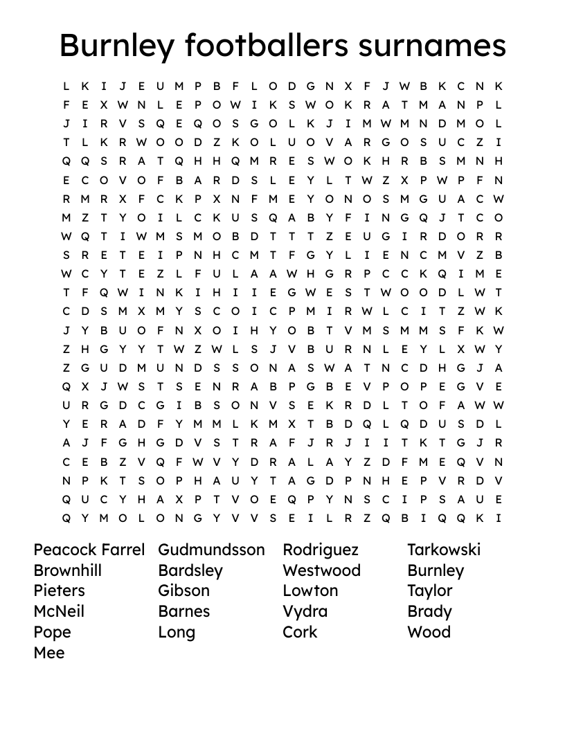 Burnley footballers surnames Word Search