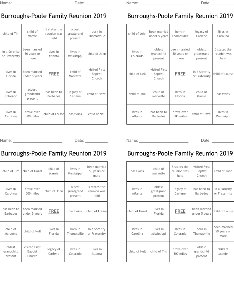 Burroughs-Poole Family Reunion 2019 Bingo Cards