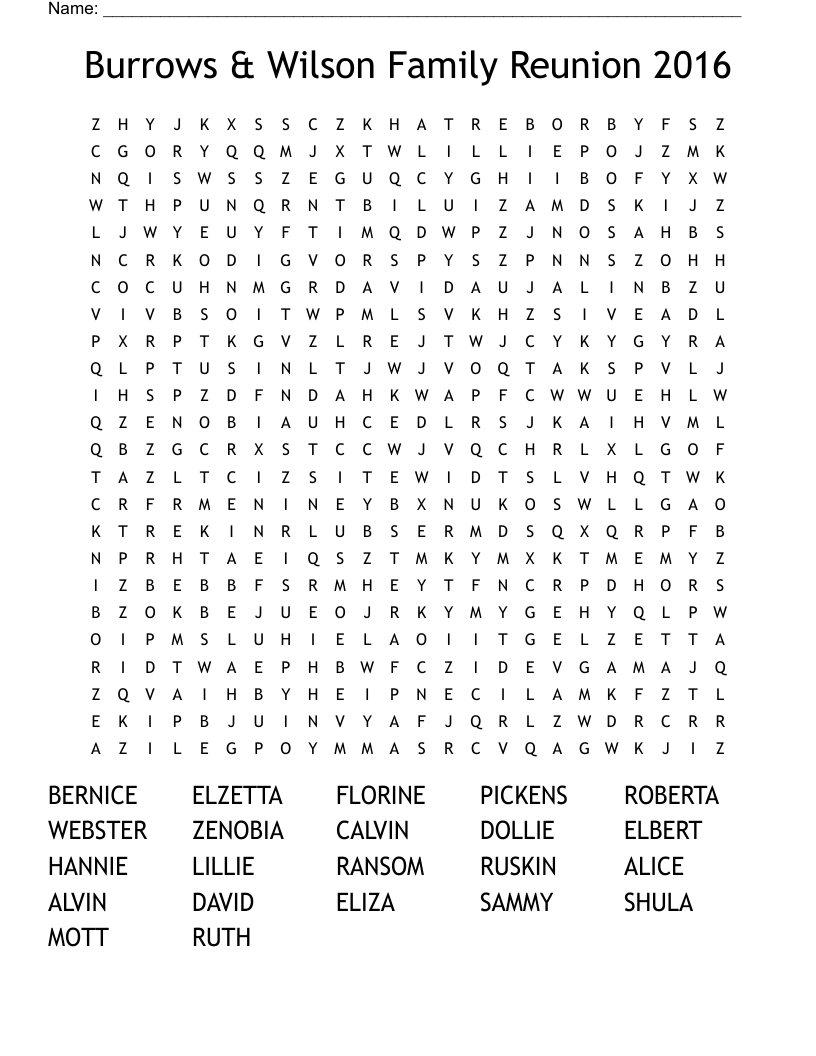 Burrows & Wilson Family Reunion 2016 Word Search