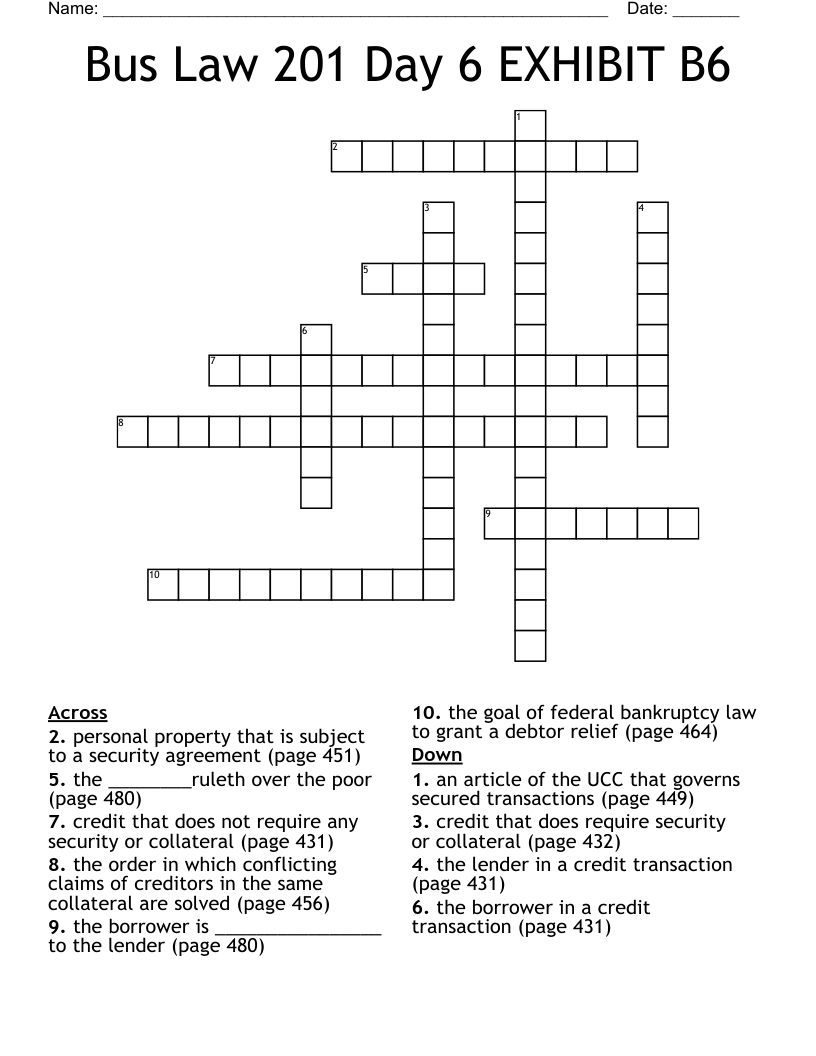 Bus Law 201 Day 6 EXHIBIT B6 Crossword