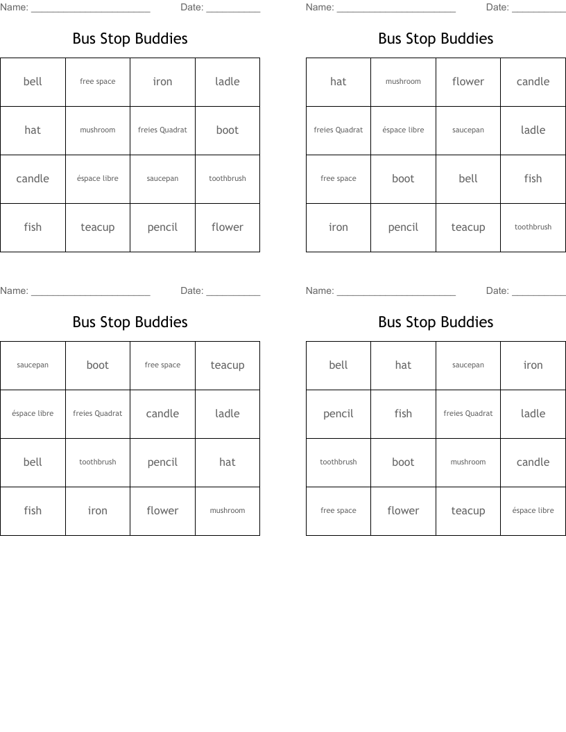 Bus Stop Buddies Bingo Cards