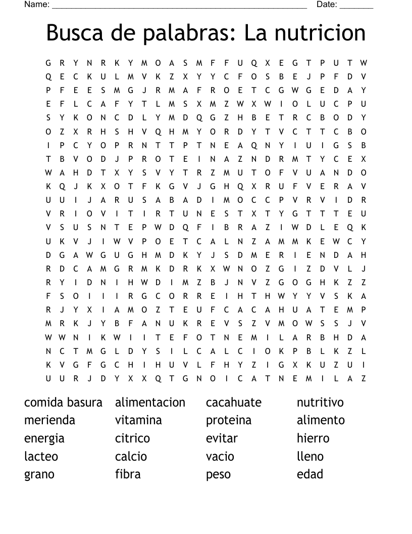 Busca de palabras: La nutricion  Word Search