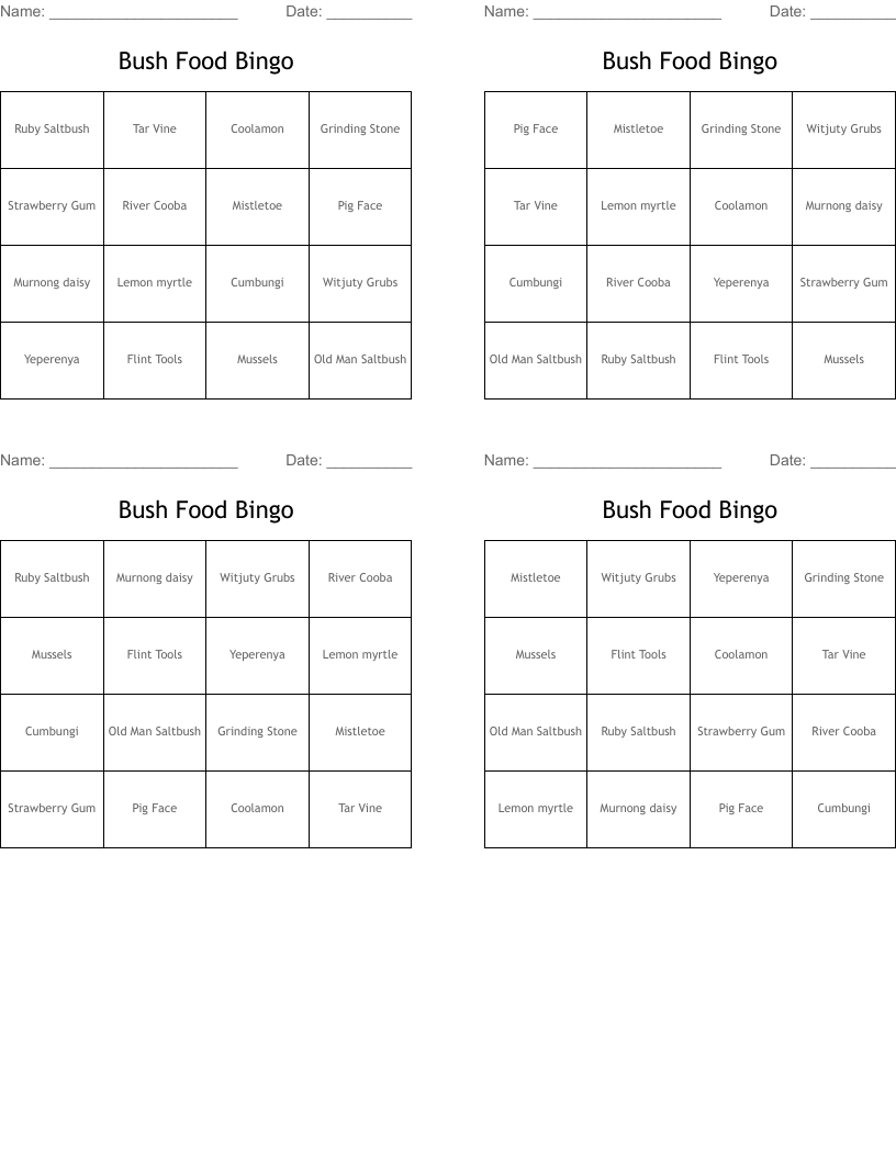 Bush Food Bingo