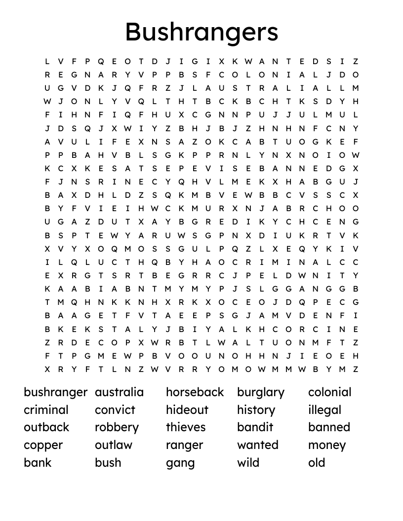 Bushrangers Word Search