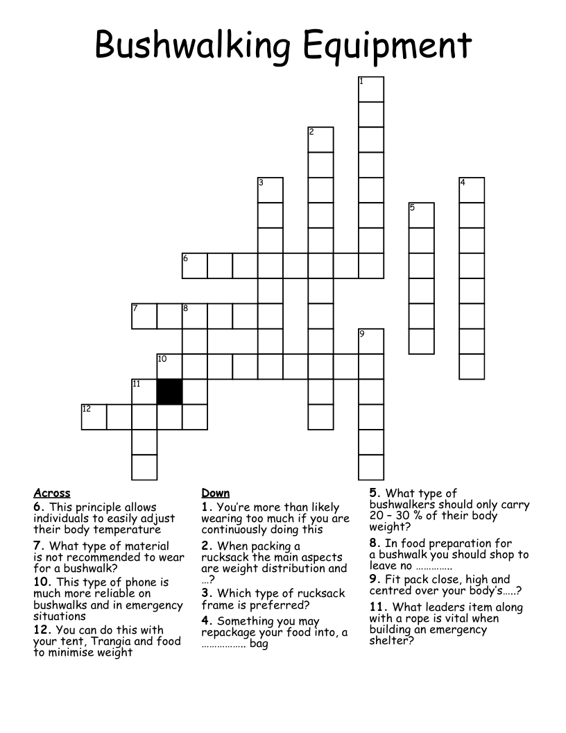 Bushwalking Equipment Crossword