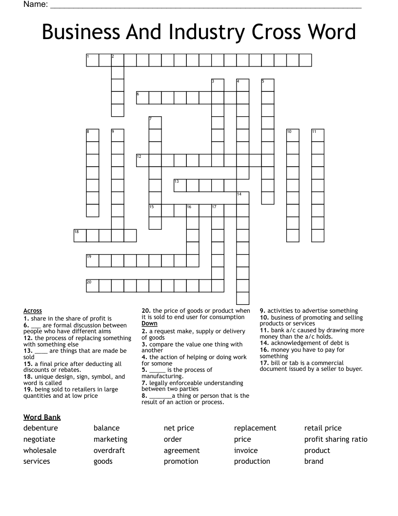 Business And Industry Cross Word