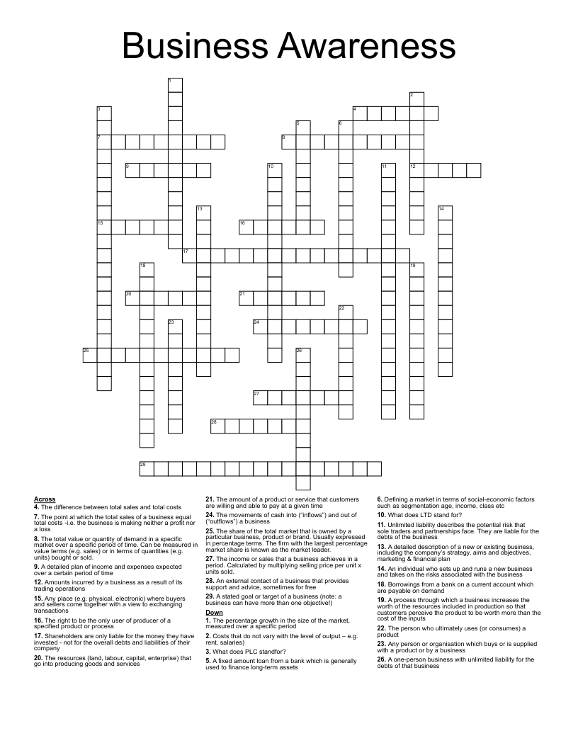 Business Awareness Crossword