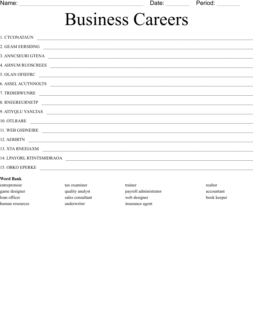 Business Careers Word Scramble