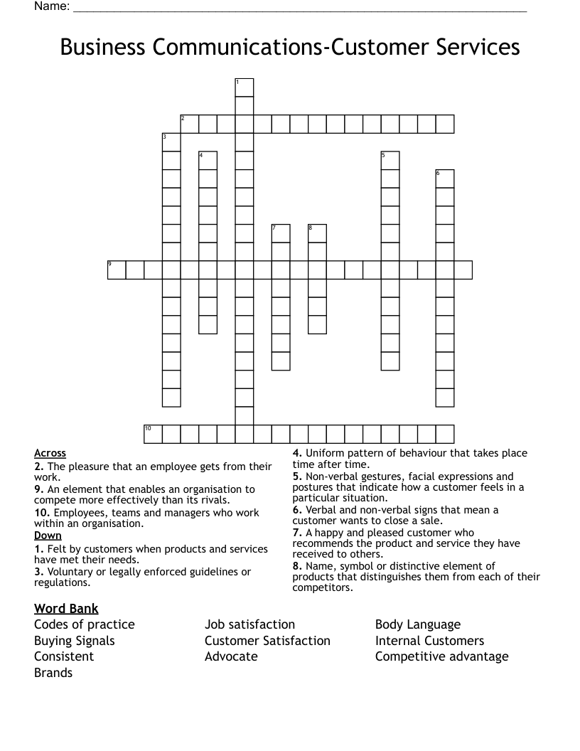 Business Communications-Customer Services Crossword