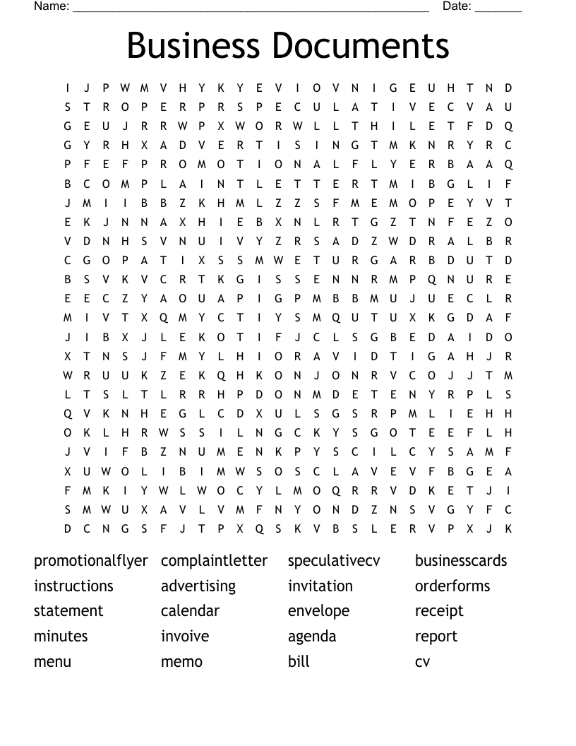 Business Documents Word Search