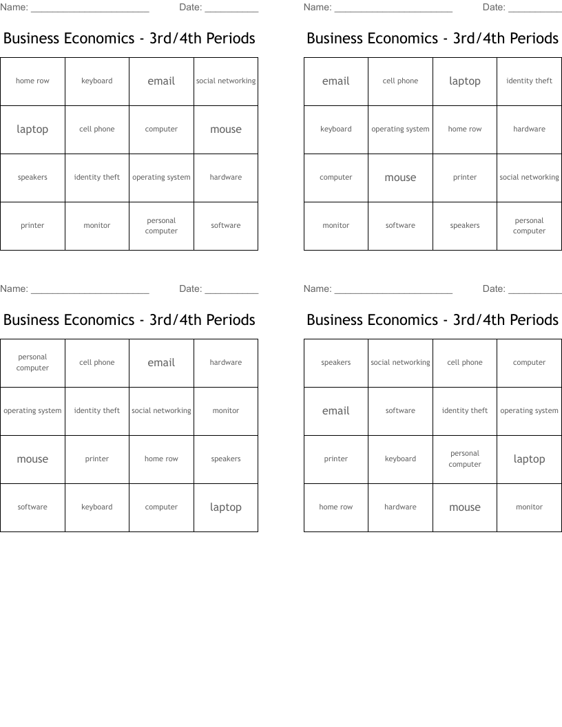 Business Economics - 3rd/4th Periods Bingo Cards
