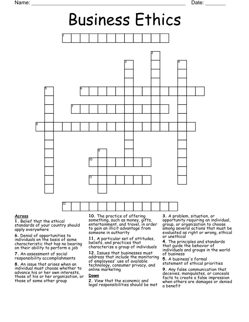 Business Ethics Crossword