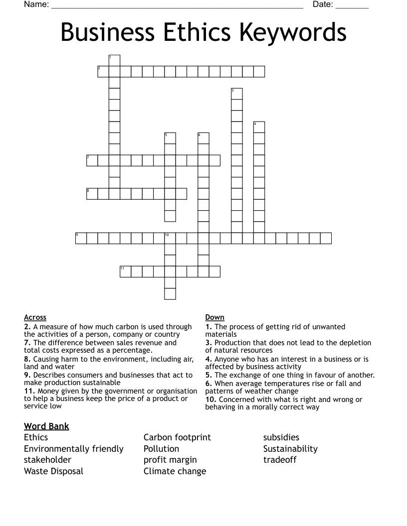 Business Ethics Keywords Crossword